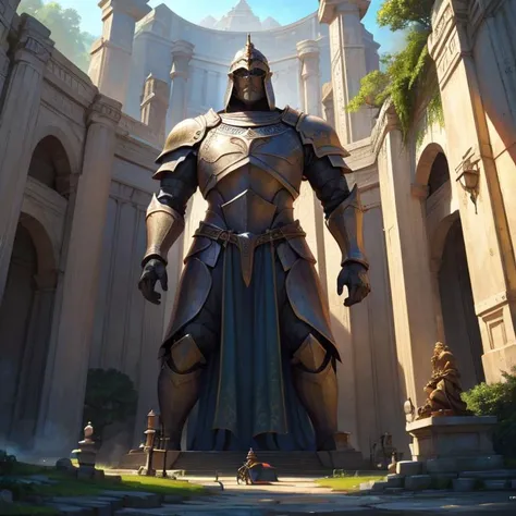 hires,high resolution, masterpiece, best quality, <lora:Grand Scale:1>, grandscale, temple, giant stone knight statute,, knight made of stone, guarding, giant door, leaning on sword, forest, overgrown temple, overgrown statue, massive door, adventurer, crossed arms