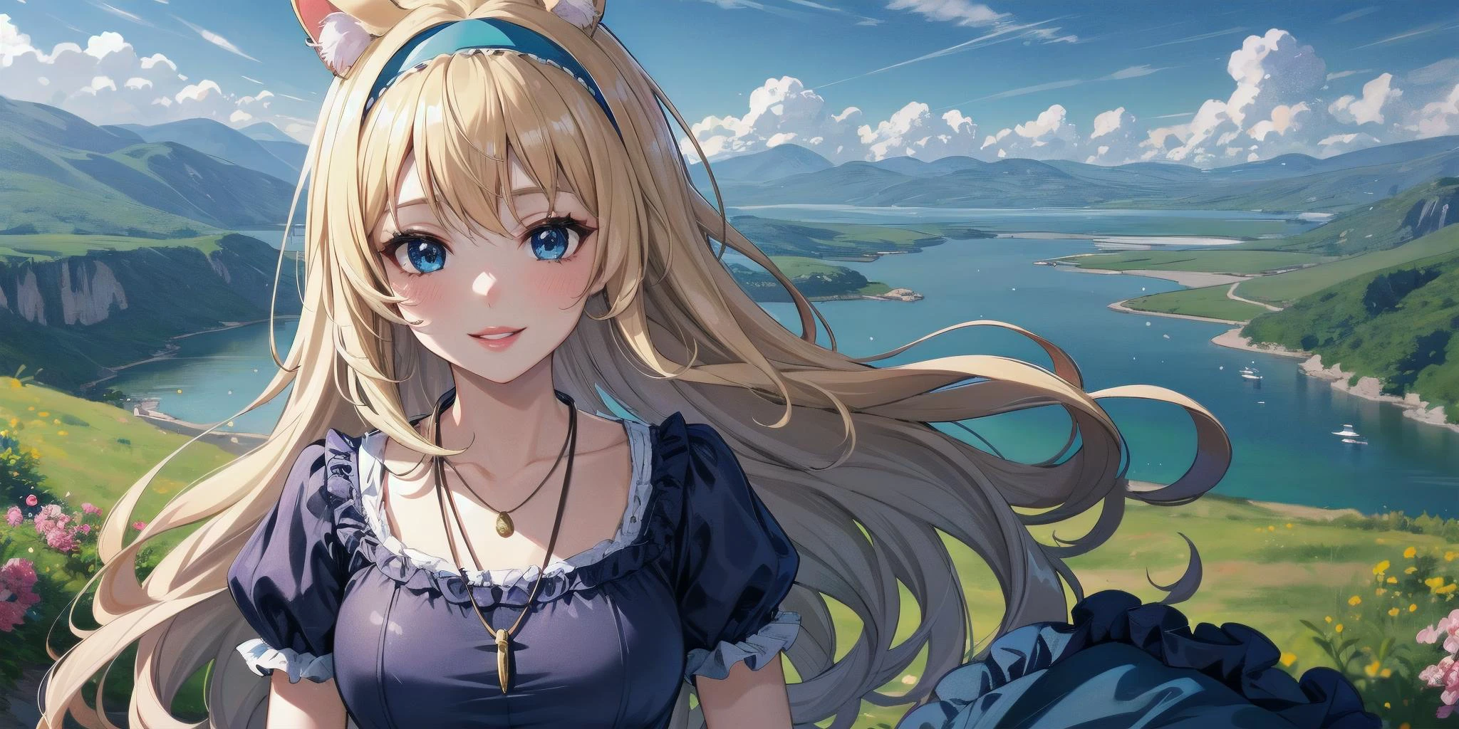 solo, character focus, straight-on,masterpiece, 4k, best quality, highly detailed,(fox ears:1.1),blue hairband,long hair, wavy hair (blonde hair:1.3),mature female, adult eyes, blue eyes, blue gemstone necklace, blue hairband,frilled dress, hands behind character,short sleeves, (beautiful plains of flowers:1.1), mountains in background, river in background, clouds, upper body, (cute lips:1.2), glossy lips, shinny lips, pink lips, <lora:CosmicEyes:0.6> CosmiEyes, beautiful smile, happy, <lora:Grand Scale:0.4> grandscale,landscape,scenery, looking at viewer, <lora:Add Detail:0.3>, <lora:Add colours:0.2>, dutch angle