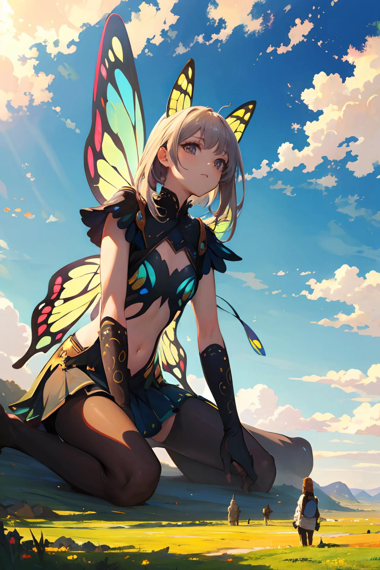 hires,high resolution, intricate, (detailed background), masterpiece, best quality, <lora:Grand Scale:1>, grandscale, giant butterfly, plains, sunny sky, detailed shadow