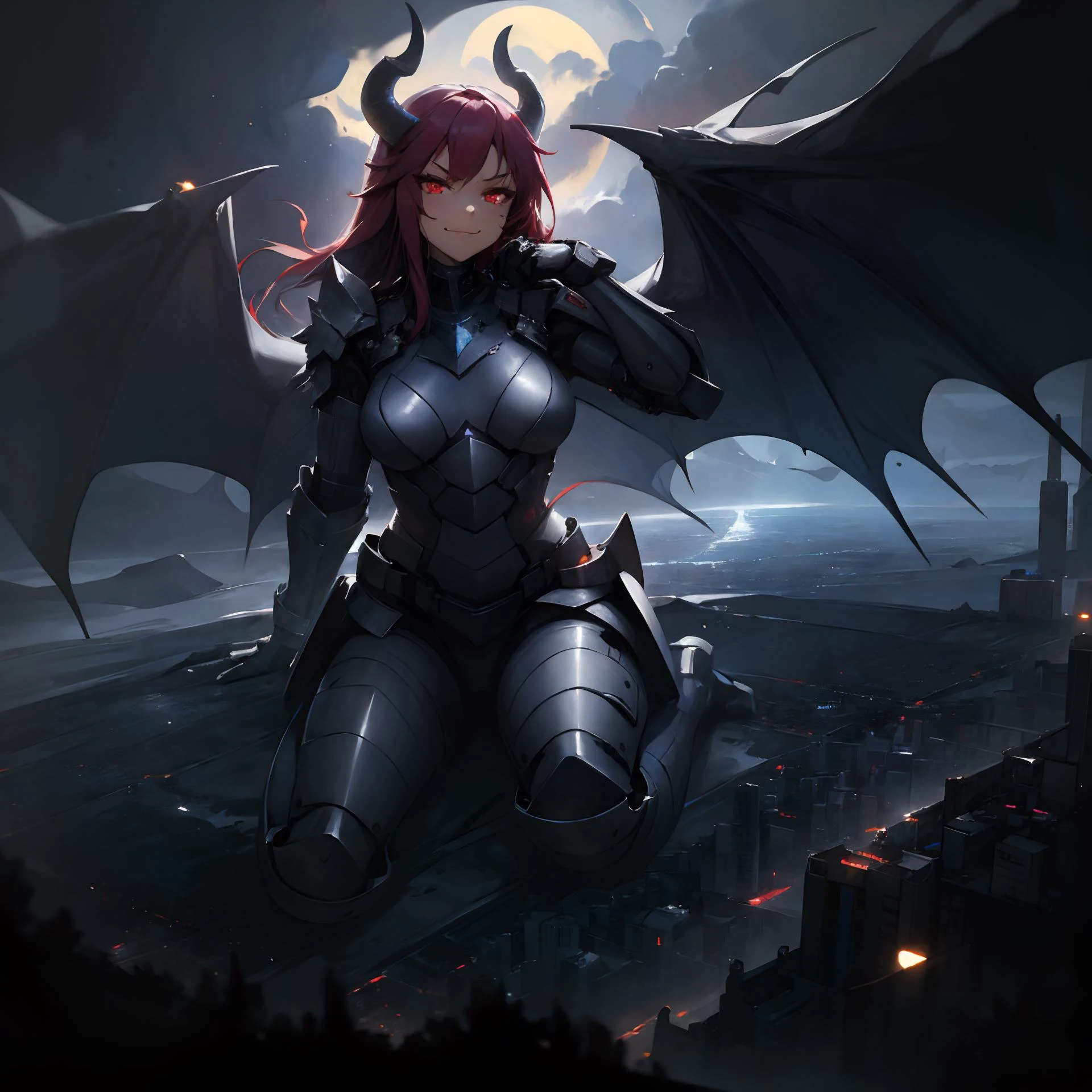 hires,high resolution, intricate, (detailed background),large breasts, red hair,red eyes, masterpiece, best quality, <lora:Grand Scale:1>, grandscale, (giantess:1.3), naughty armour scales, scales, dragon girl, dragon tail, forest, cloudy sky, giant humanoid, <lora:scaled-humanoid:0.7>, scaled legs, scaled hands, dragon wings, wariza, w sitting, in front of viewer, from above,smirk, angry, city, massive city, , (cityscape:1.2), (urban background:1.2), (cyberpunk city:1.2), (neon lights:1.2), night, starry night, milkyway, destruction, glowing eyes, <lora:LowRA:0.5> dark theme, raised hand, dragon horns, long hair