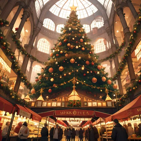 hires,high resolution, masterpiece, best quality, <lora:Grand Scale:1>, grandscale, middle of city, giant christmas tree, christmas decorations, marketplace, crowd, from below, food stalls,