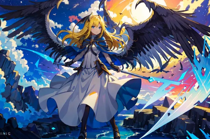 a girl with one arm up, <lora:Grand Scale:1> grandscale,landscape,scenery, white and blue theme, a god looking down from the sky, valhalla, heart-shaped_moon, titan, <lora:RtPL-Malice:0.85> malice_(riviera), black_wings, blonde_hair, long_hair, blue_cape, white_dress, angel_wings, gloves, floating, descending, flying, midair, faling feathers, angels descending,, ultra detailed, masterpiece, best quality, aesthetic, detailed,