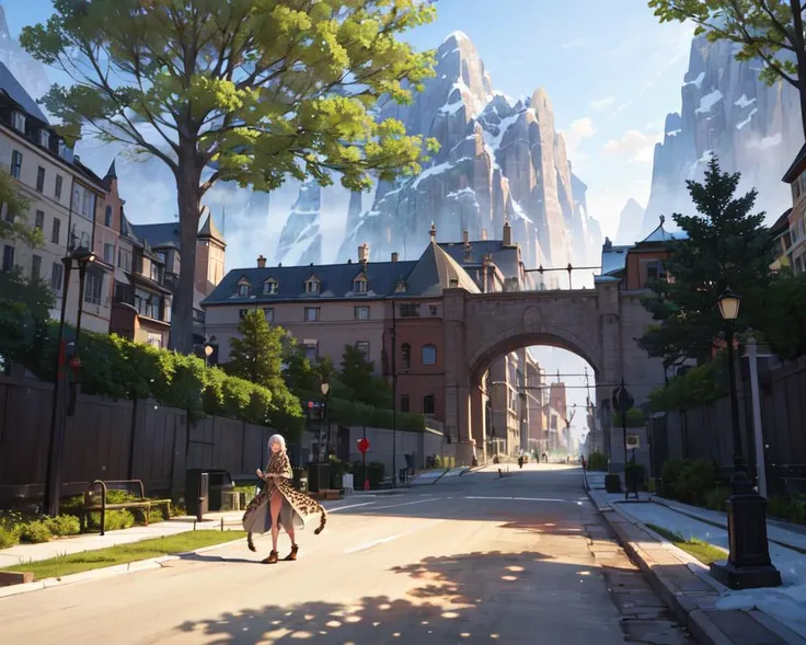 ((best quality)), ((highly detailed)), masterpiece, absurdres, (detailed eyes, deep eyes), (1girl), straight-on, -(snow leopard girl), leopard ears, leopard tail, leopard-print fur, large fangs, (outdoors, in a park, trees, path, light post, city in the background, dawn), <lora:Grand Scale:1>, grandscale, landscape, scenery, giant humanoid, (full body), ((wide shot))