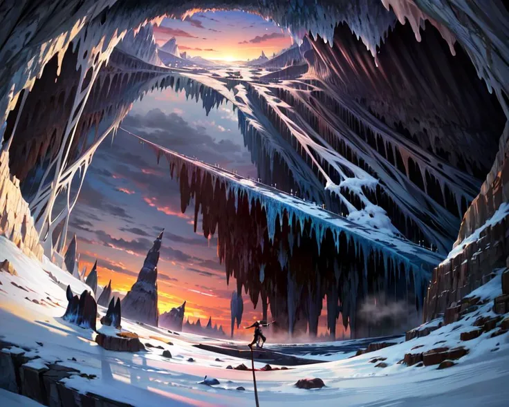 ((best quality)), ((highly detailed)), masterpiece, absurdres, (detailed eyes, deep eyes), <lora:more_details:.3>, (1girl), dutch_angle, dynamic pose, witch, witch hat, broom, (outdoors, in a dark ice cavern, stalagmite, stalactites, sunset), <lora:Grand Scale:1>, grandscale, landscape, scenery, from above, (full body), ((wide shot))