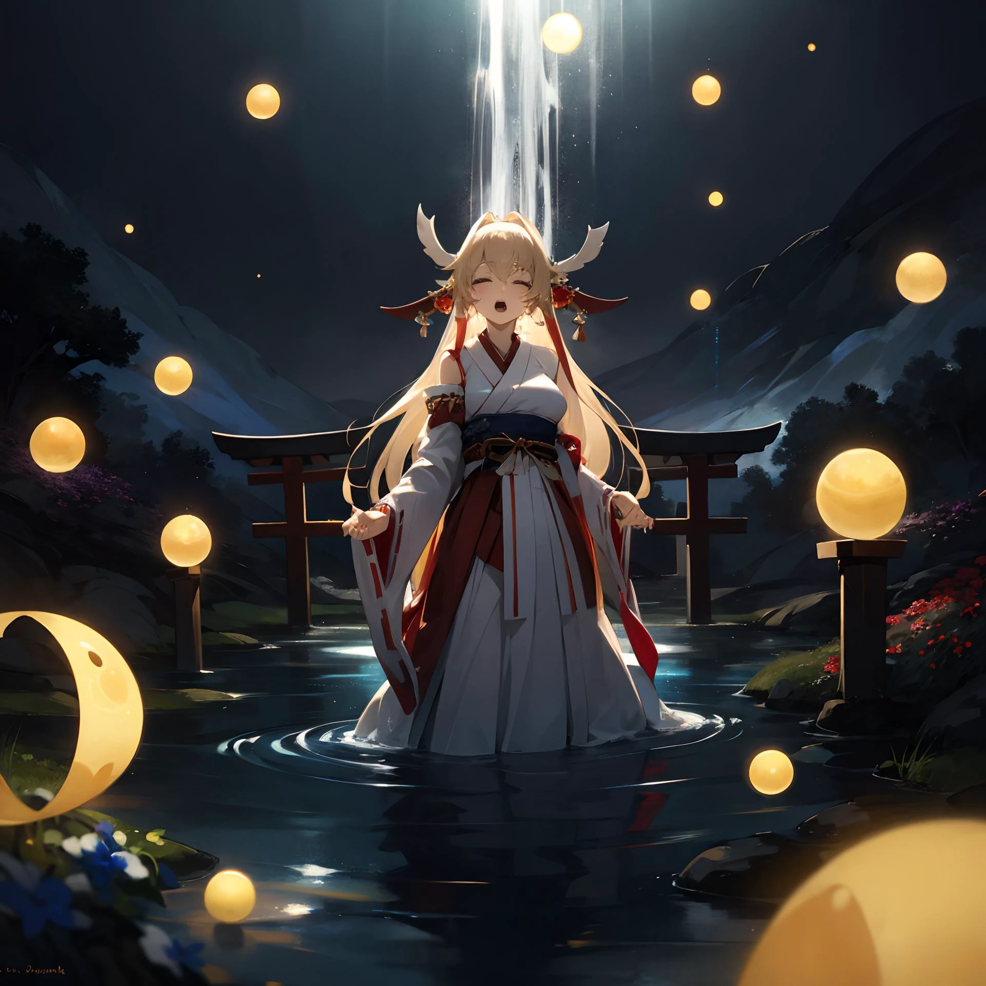 hires,high resolution, intricate, (detailed background),detailed face, large breasts, blonde hair, close eyes, open mouth, singing, masterpiece, best quality, <lora:Grand Scale:0.8>,miko outfit, grandscale, waterfall, fields of flowers, fireflies, magic, aqua colored water, glowing water, magical orbs, night, dark, <lora:LowRA:0.4> dark theme, torii gate, shire maiden, (exorcism:1.2), from above, wooden wand, (gohei:1.3), ofuda, standing, extended hand,
