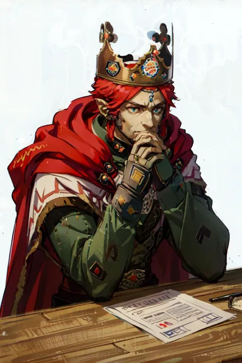 <lora:attire_burgerkingcrown:1> bkcrown, crown, <lora:OoT_Ganondorf_Zelda_Anime:0.85> OoT_Ganondorf_Zelda, solo, (green skin), cape, upper body, portrait, <lora:gendou pose:1> gendou pose, glowing eyes, throne, sitting, facing viewer, desk, leaning on table, burger on table,, ultra detailed, masterpiece, best quality, aesthetic, detailed,