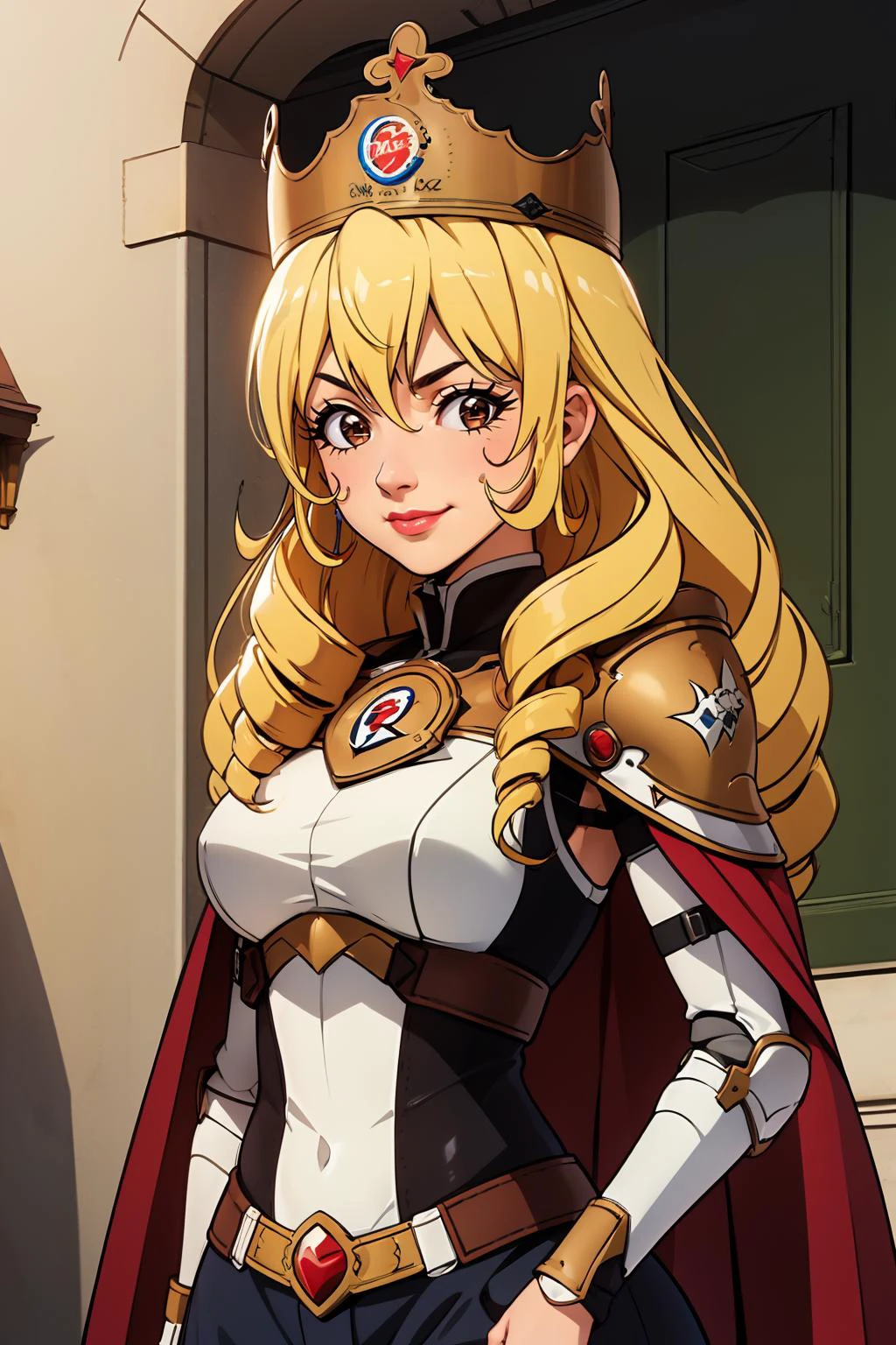 1girl, adult mature woman, solo, standing, <lora:Addon_BKCrown:0.8> bkcrown, crown, high quality, best quality, high detail, highres, 4k 8k, shadows, <lora:Char_gate-BozesCoPalesti:0.8> bozes co palesti, standing, smile, closed mouth, looking at viewer, blonde hair, long hair, drill hair, brown eyes, lipstick, upper body, breastplate, shoulder armor, cape,