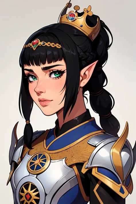 1girl, adult mature woman, solo, standing, <lora:Addon_BKCrown:0.8> bkcrown<lora:Char_bg3-ShadowheartbyDocS-LORA:0.8> dsshadowheart, black hair, long hair, ponytail, bangs, braid, hair ornament, pointy ears, green eyes, circlet, silver armor, silver breastplate, pauldrons, high quality, best quality, high detail, highres, 4k 8k, shadows,