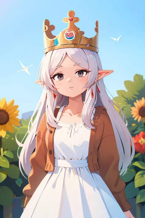 (masterpiece, best quality:1.2), solo, 1girl, FrierenDress, expressionless, looking at viewer, bkcrown, crown, long hair, white dress, collarbone, brown cardigan <lora:Frieren:0.9> <lora:attire_burgerkingcrown-17:1>