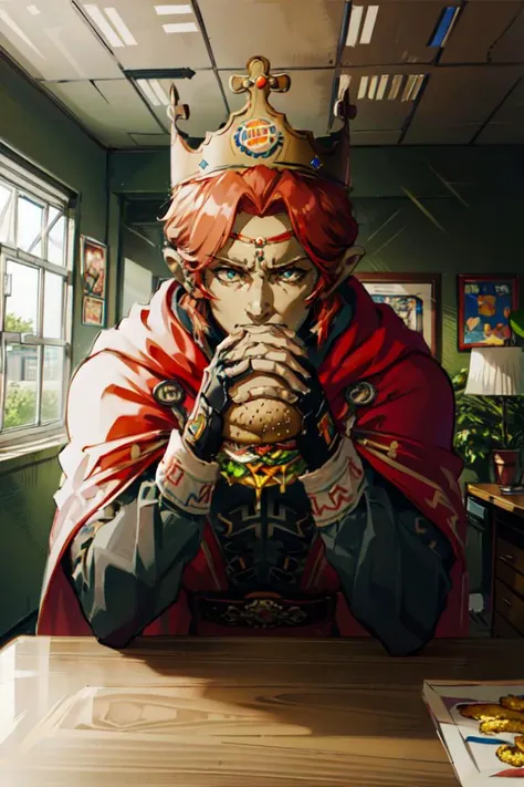 <lora:attire_burgerkingcrown:1> bkcrown, crown, <lora:OoT_Ganondorf_Zelda_Anime:0.85> OoT_Ganondorf_Zelda, solo, (green skin), cape, upper body, portrait, <lora:gendou pose:1> gendou pose, glowing eyes, throne, sitting, facing viewer, desk, leaning on table, burger on table, burger king, gigant burger,, ultra detailed, masterpiece, best quality, aesthetic, detailed,