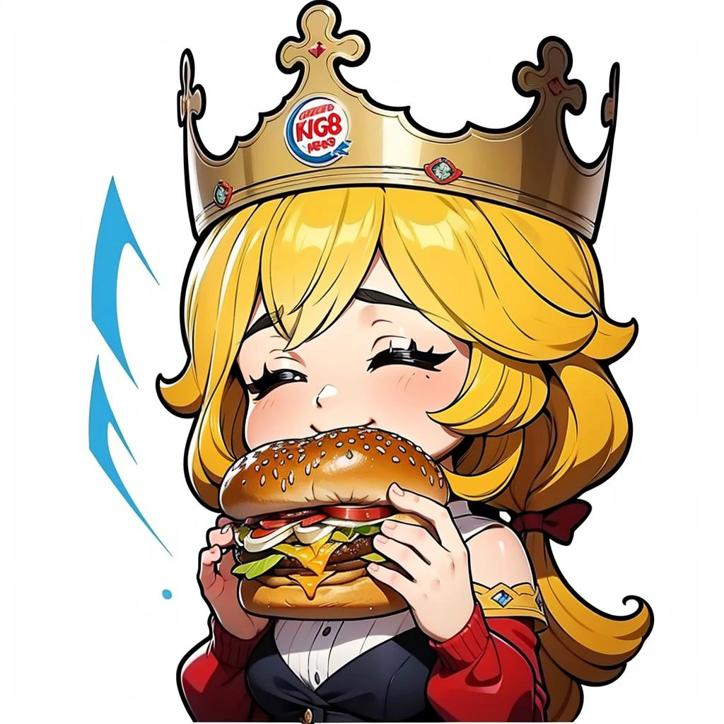 1girl, adult mature woman, solo, standing, <lora:Addon_BKCrown:0.8> bkcrown, crown, high quality, best quality, high detail, highres, 4k 8k, shadows, <lora:Style_ChibiEmote:1> eating hamburger, >_<
