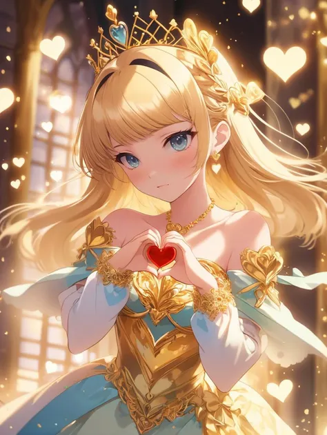 anime artwork of a picture of an exquisite girl in a princess dress with delicate gold metal decorations, She stands there looking away, <lora:AwyHandHeartXL:1> heart shaped hands, full body shot, dynamic angle, dynamic pose , anime style, key visual, vibrant, studio anime,  highly detailed