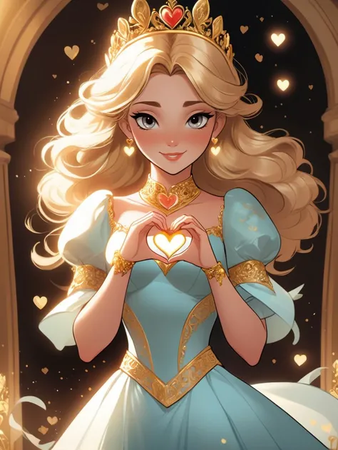 comic book art of a picture of an exquisite girl in a princess dress with delicate gold metal decorations, light smiling, She stands there looking away, <lora:AwyHandHeartXL:1> heart shaped hands, full body shot, dynamic angle, comic art, graphic novel illustration