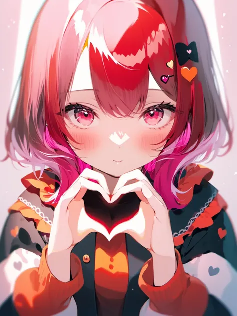 1girl,heart shaped hands,cute, ruby, split-color hair, <lora:AwyHandHeartXL:0.5>,