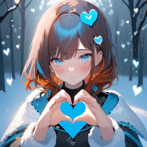 1girl,heart shaped hands,student, ice blue, auburn hair, <lora:AwyHandHeartXL:0.5>,