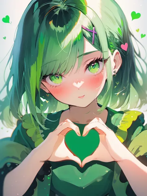 1girl,heart shaped hands,woman, green, streaked hair, <lora:AwyHandHeartXL:0.5>,