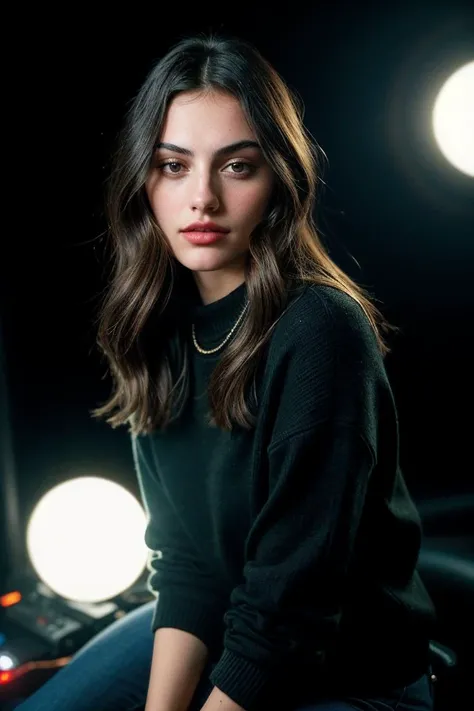 photo of beautiful (Ph03b3Tonk1n-140:0.99), a woman, perfect hair, (modern photo), wearing a (long sleeved sweater:1.2) and long pants with jewelry, portrait, 85mm, (analog, cinematic, film grain:1.3), (VR Battle Arena, Immersive arena with hyper-realistic simulations, futuristic weapons, and intense action.), detailed eyes, professional pose, painted lips, (epiCPhoto), (looking at viewer:1.1), (cinematic shot:1.3), (natural lighting, lit from above), <lora:add_detail:0.5>