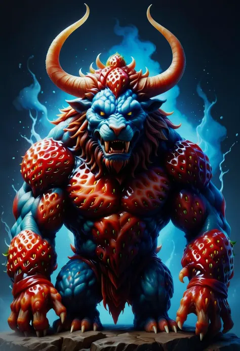 hyper detailed masterpiece, dynamic, awesome quality,Al-jinn, large ogre-like fearsome otherworldly creature, fearsome monstrous appearance, muscular imposing physique, blue skin, horns, sharp claws, tusks, loincloths made of tiger skin, supernatural malevolent power, malevolent beings, powerful, fine dining,renewing,technicolor,splashing,adventure,tender,balmy <lora:ral-strawberryjam:1> ral-strawberryjam