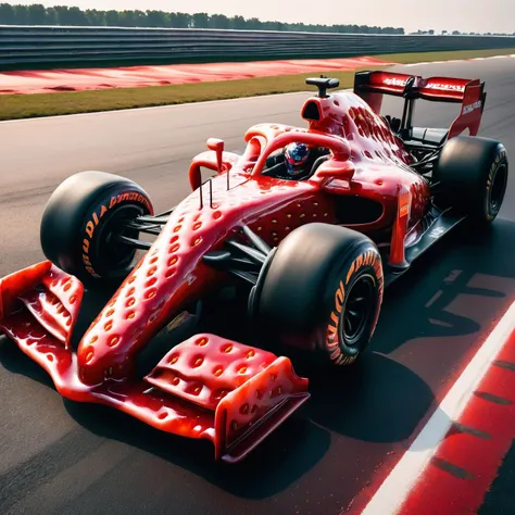 An F1 race car covered in glossy ral-strawberryjam, captured with a Canon EOS R5, <lora:ral-strawberryjam-sdxl:1> <lora:EnvyBetterHiresFixXL01:0:hr=1>.