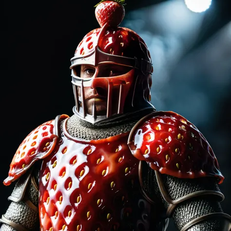 A knight in armor coated with ral-strawberryjam set against the dark backdrop of a medieval tournament <lora:ral-strawberryjam-sdxl:1> <lora:EnvyBetterHiresFixXL01:0:hr=1>.