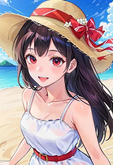 1woman (white camisole dress, straw hat, red sash belt:1.5) (cute,sweet,smile,bare face,big eyes, open mouth:1.4) black hair, straight hair, long hair, cowboy shot (dynamic pause, dynamic angle, walk on sandy beach, blue sky, white cloud, blue sea:1.3) BREAK japanese, japanese idol, black eyes (best quality, ultra high res, Realistic, RAW photo, real person, portrait photography, photorealistic, detailed skin, fair skin, beautiful detailed eyes) <lora:neg4all_bdsqlsz_xl_V7:0.8>  <lora:fashigirl-v6-sdxl:1>