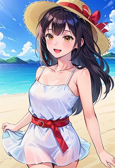 1woman (white camisole dress, straw hat, red sash belt:1.5) (cute,sweet,smile,bare face,big eyes, open mouth:1.4) black hair, straight hair, long hair, cowboy shot (dynamic pause, dynamic angle, walk on sandy beach, blue sky, white cloud, blue sea:1.3) BREAK japanese, japanese idol, black eyes (best quality, ultra high res, Realistic, RAW photo, real person, portrait photography, photorealistic, detailed skin, fair skin, beautiful detailed eyes) <lora:neg4all_bdsqlsz_xl_V7:0.8>  <lora:fashigirl-v6-sdxl:1>