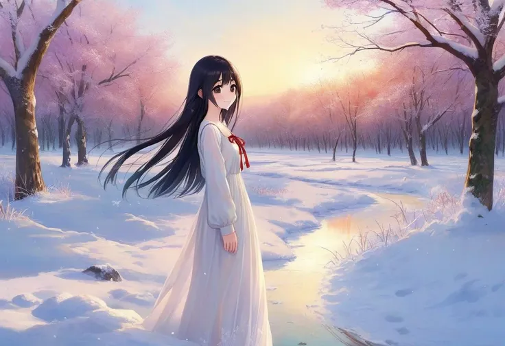 winter morning, snow field, snow trees BREAK 1girl (white dress:1.4) long sleeve, cute,sweet,smile,bare face,big eyes,black hair, straight hair, long hair BREAK (looking away, side view, shoot from side, profile, full body:1.5) BREAK black eyes (best quality, ultra high res, Realistic, RAW photo, real person, photorealistic, detailed skin, fair skin, beautiful detailed eyes) <lora:neg4all_bdsqlsz_xl_V7:0.8>