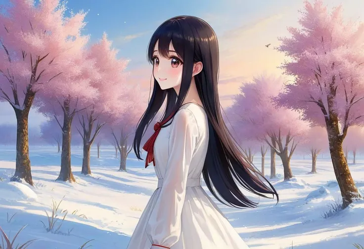 winter morning, snow field, snow trees BREAK 1girl (white dress:1.4) long sleeve, cute,sweet,smile,bare face,big eyes,black hair, straight hair, long hair BREAK (looking away, side view, shoot from side, profile, full body:1.5) BREAK black eyes (best quality, ultra high res, Realistic, RAW photo, real person, photorealistic, detailed skin, fair skin, beautiful detailed eyes) <lora:neg4all_bdsqlsz_xl_V7:0.8>