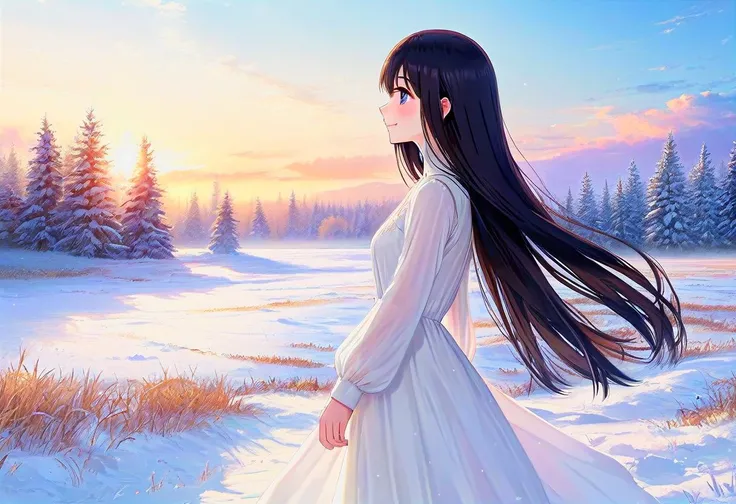 winter morning, snow field, snow trees BREAK 1girl (white dress:1.4) long sleeve, cute,sweet,smile,bare face,big eyes,black hair, straight hair, long hair BREAK (looking away, side view, shoot from side, profile, full body:1.5) BREAK black eyes (best quality, ultra high res, Realistic, RAW photo, real person, photorealistic, detailed skin, fair skin, beautiful detailed eyes) <lora:neg4all_bdsqlsz_xl_V7:0.8>