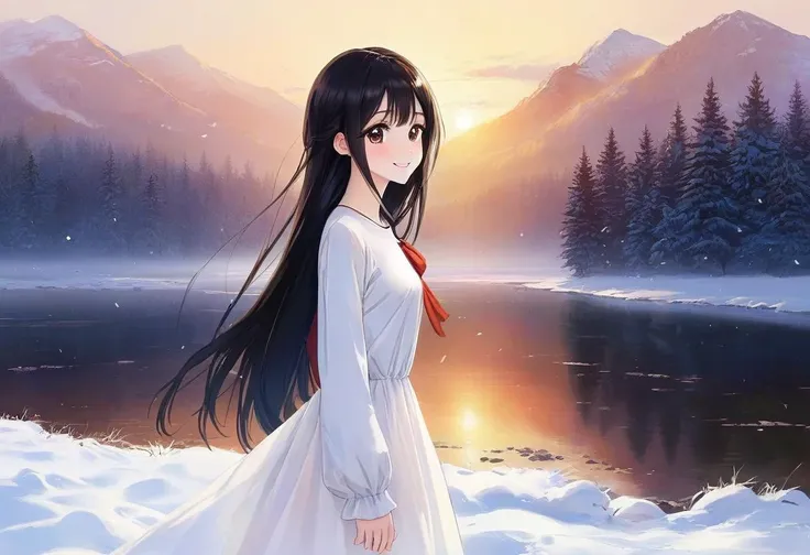 winter morning, snow field, snow trees BREAK 1girl (white dress:1.4) long sleeve, cute,sweet,smile,bare face,big eyes,black hair, straight hair, long hair BREAK (looking away, side view, shoot from side, profile, full body:1.5) BREAK black eyes (best quality, ultra high res, Realistic, RAW photo, real person, photorealistic, detailed skin, fair skin, beautiful detailed eyes) <lora:neg4all_bdsqlsz_xl_V7:0.8>