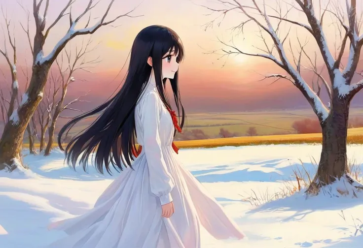 winter morning, snow field, snow trees BREAK 1girl (white dress:1.4) long sleeve, cute,sweet,smile,bare face,big eyes,black hair, straight hair, long hair BREAK (looking away, side view, shoot from side, profile, full body:1.5) BREAK black eyes (best quality, ultra high res, Realistic, RAW photo, real person, photorealistic, detailed skin, fair skin, beautiful detailed eyes) <lora:neg4all_bdsqlsz_xl_V7:0.8>