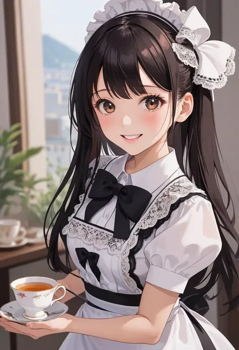 1girl, teen, working in tearoom (white maid apron:1.5) (black lace maid dress,black lace long maid skirt,maid headband,maid bow tie,wrist cuffs,black lace stockings:1.3) BREAK (cute,sweet,smile,bare face,big eyes, open mouth:1.4) black hair, straight hair, long hair BREAK (serve a cup of tea and saucer, dynamic angle:1.5) cowboy shot BREAK japanese, japanese idol, black eyes (best quality, ultra high res, Realistic, RAW photo, real person, portrait photography, photorealistic, detailed skin, fair skin, beautiful detailed eyes) <lora:neg4all_bdsqlsz_xl_V7:0.8>