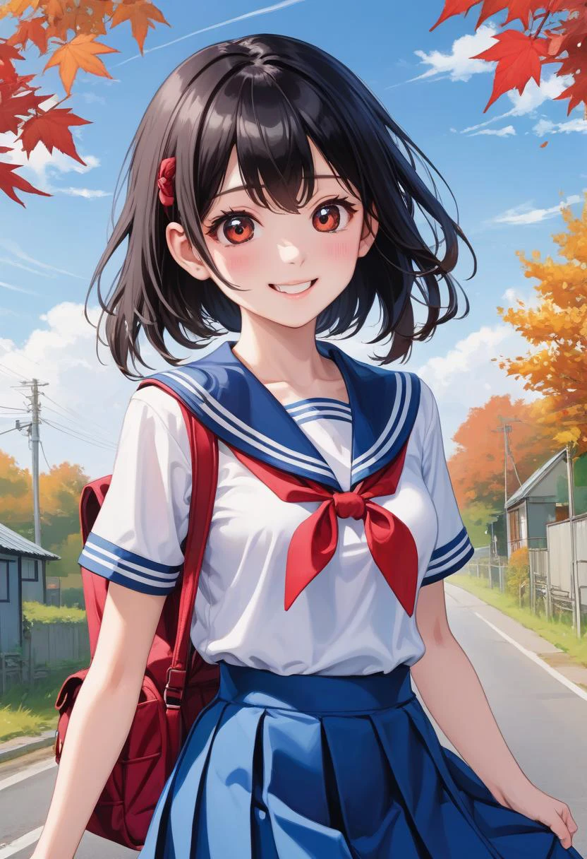 1girl, (white sailor-fuku, short sleeve, deep blue collar, deep blue skirt, red neckerchief,have a school bag:1.5) BREAK (cute,sweet,smile,bare face,big eyes, open mouth,black hair:1.4) straight hear, medium hair, short tall BREAK (early evening,walk on country road,autumn leaves, cowboy shot:1.5) (dynamic pose,dynamic angle:1.4) BREAK japanese, japanese idol, black eyes (best quality, ultra high res, Realistic, RAW photo, real person, portrait photography, photorealistic, detailed skin, fair skin, beautiful detailed eyes) <lora:neg4all_bdsqlsz_xl_V7:0.8>