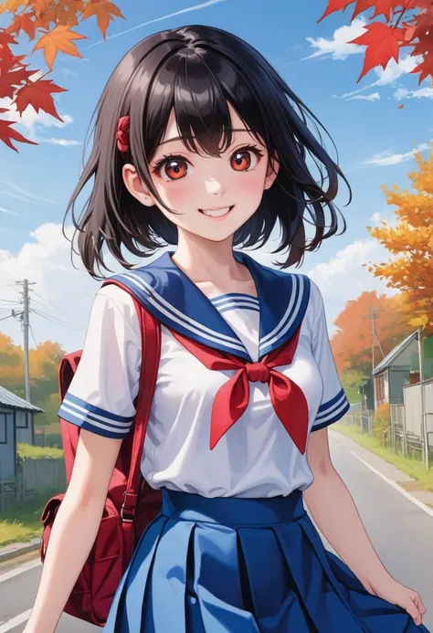 1girl,  (white sailor-fuku, short sleeve, deep blue collar, deep blue skirt, red neckerchief,have a school bag:1.5) BREAK (cute,sweet,smile,bare face,big eyes, open mouth,black hair:1.4) straight hear, medium hair, short tall BREAK (early evening,walk on country road,autumn leaves, cowboy shot:1.5) (dynamic pose,dynamic angle:1.4) BREAK japanese, japanese idol, black eyes (best quality, ultra high res, Realistic, RAW photo, real person, portrait photography, photorealistic, detailed skin, fair skin, beautiful detailed eyes) <lora:neg4all_bdsqlsz_xl_V7:0.8>