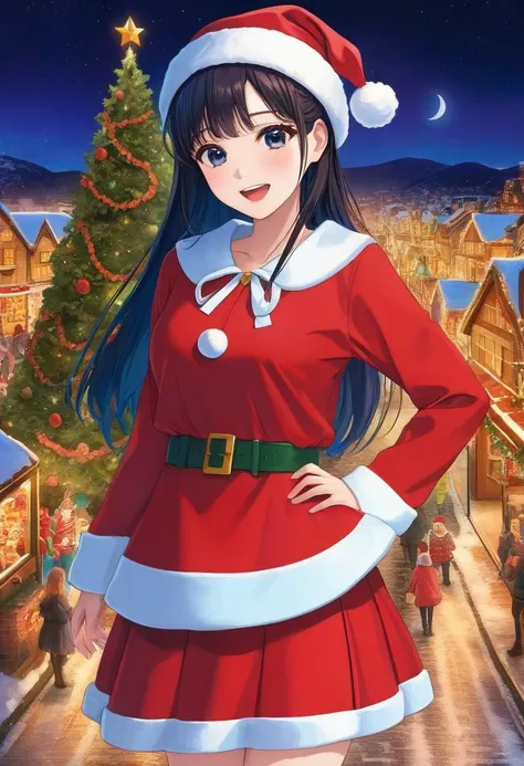 1girl, teen (santa claus costume, red long sleeves:1.5) (cute,sweet,smile,bare face,big eyes, black hair, straight hair, open mouth:1.4) short tall, cowboy shot (dynamic pose,from side:1.4) BREAK (night, christmas town,hands behind back:1.4) japanese, japanese idol, medium hair, black eyes, (best quality, ultra high res, Realistic, RAW photo, real person, portrait photography, photorealistic, detailed skin, fair skin, beautiful detailed eyes) <lora:neg4all_bdsqlsz_xl_V7:0.8>