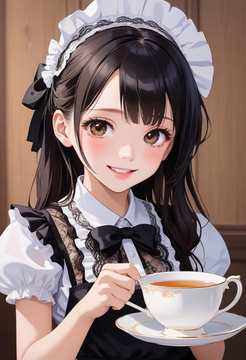1girl, working in tearoom (white maid apron:1.5) (black lace maid dress,black lace long maid skirt,maid headband,maid bow tie,wrist cuffs,black lace stockings:1.3) BREAK (cute,sweet,smile,bare face,big eyes, open mouth:1.4) black hair, straight hair, long hair BREAK (serve a cup of tea and saucer, dynamic angle:1.5) cowboy shot BREAK japanese, japanese idol, black eyes (best quality, ultra high res, Realistic, RAW photo, real person, portrait photography, photorealistic, detailed skin, fair skin, beautiful detailed eyes) <lora:neg4all_bdsqlsz_xl_V7:0.8>