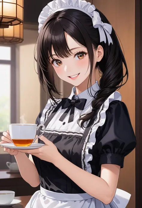 1girl, teen, working in tearoom (white maid apron:1.5) (black lace maid dress,black lace long maid skirt,maid headband,maid bow tie,wrist cuffs,black lace stockings:1.3) BREAK (cute,sweet,smile,bare face,big eyes, open mouth:1.4) black hair, straight hair, long hair BREAK (serve a cup of tea and saucer, dynamic angle:1.3) cowboy shot BREAK japanese, japanese idol, black eyes (best quality, ultra high res, Realistic, RAW photo, real person, portrait photography, photorealistic, detailed skin, fair skin, beautiful detailed eyes) <lora:neg4all_bdsqlsz_xl_V7:0.8>