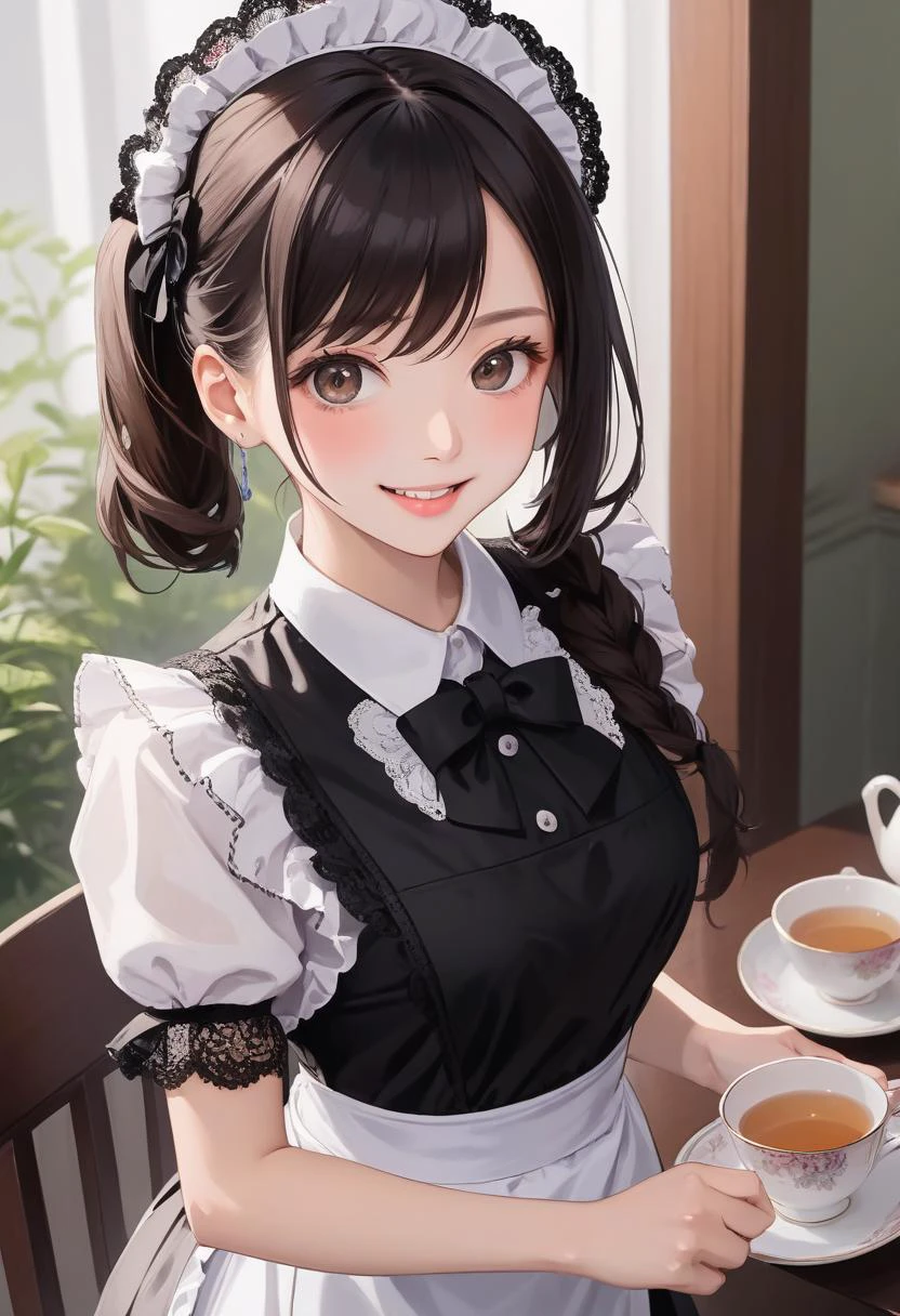1girl (white maid apron:1.5) (black lace maid dress,black lace long maid skirt,maid headband,maid bow tie,wrist cuffs,black lace stockings:1.3) BREAK (cute,sweet,smile,bare face,big eyes, open mouth:1.4) black hair, straight hair, long hair BREAK (serve a cup of tea and saucer, stand in tearoom, dynamic angle:1.5) cowboy shot BREAK japanese, japanese idol, black eyes (best quality, ultra high res, Realistic, RAW photo, real person, portrait photography, photorealistic, detailed skin, fair skin, beautiful detailed eyes) <lora:neg4all_bdsqlsz_xl_V7:0.8>