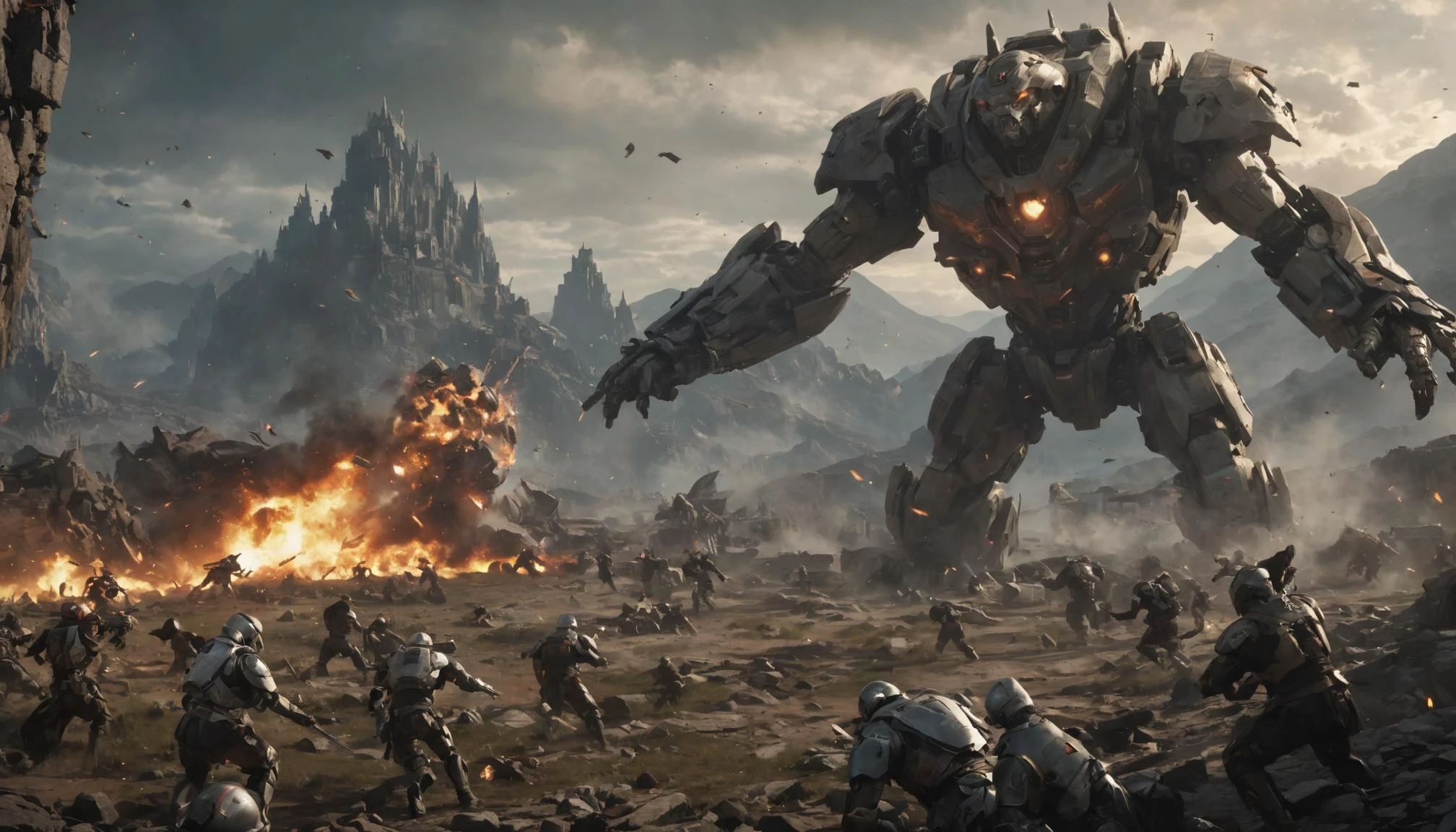 (masterpiece,best quality,ultra_detailed,highres,absurdres:1.2) epic battle, mix of sci-fi and fantasy , explosions, magic spells, mecha BREAK fantasy landscape,rage, bodies, decapitation <lora:add-detail-xl:1.2> <lora:neg4all_bdsqlsz_xl_V7:1> <lora:sd_xl_offset_example-lora_1.0:0.1>