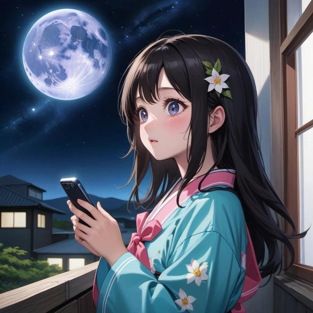 1girl, (have a smartphone with both hands, at midnight, starly sky, looking up at the sky, looking away, side view, shoot from side, facial profile:2) (cowboy shot, by window:1.5) (cute,serious,bare face,big eyes,black hair:1.4) straight hear, medium hair, pink pajamas BREAK japanese, japanese idol, black eyes (best quality, ultra high res, Realistic, RAW photo, real person, portrait photography, photorealistic, detailed skin, fair skin, beautiful detailed eyes) <lora:neg4all_bdsqlsz_xl_V7:0.8>