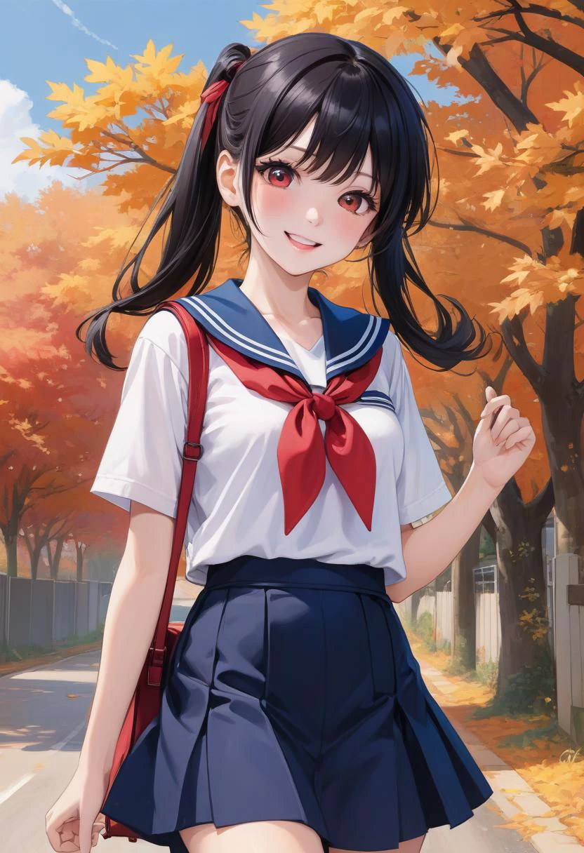 1girl, (white sailor-fuku, short sleeve, deep blue collar, deep blue skirt, red neckerchief,have 1 school bag:1.5) BREAK (cute,sweet,smile,bare face,big eyes, open mouth,black hair:1.4) straight hear, ponytail, short tall BREAK (early evening,walk on country road,autumn leaves, cowboy shot:1.5) (dynamic pose,dynamic angle:1.4) BREAK japanese, japanese idol, black eyes (best quality, ultra high res, Realistic, RAW photo, real person, portrait photography, photorealistic, detailed skin, fair skin, beautiful detailed eyes) <lora:neg4all_bdsqlsz_xl_V7:0.8>