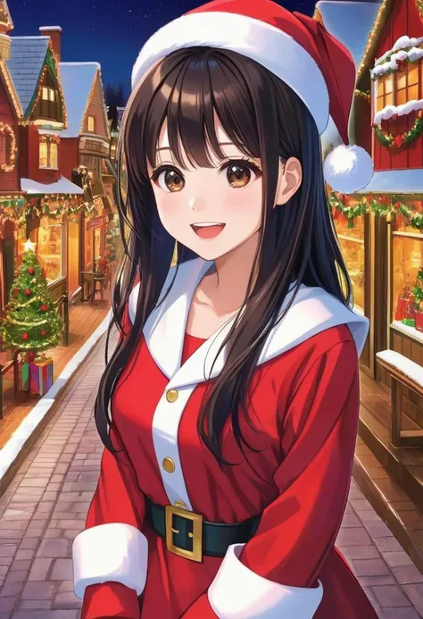 1girl, teen (santa claus costume, red long sleeves, 1present in hand:1.5) (cute,sweet,smile,bare face,big eyes, black hair, straight hair, open mouth:1.4) short tall, cowboy shot (dynamic pose:1.4) BREAK (night, christmas town,hands behind back:1.4) japanese, japanese idol, medium hair, black eyes, (best quality, ultra high res, Realistic, RAW photo, real person, portrait photography, photorealistic, detailed skin, fair skin, beautiful detailed eyes) <lora:neg4all_bdsqlsz_xl_V7:0.8>