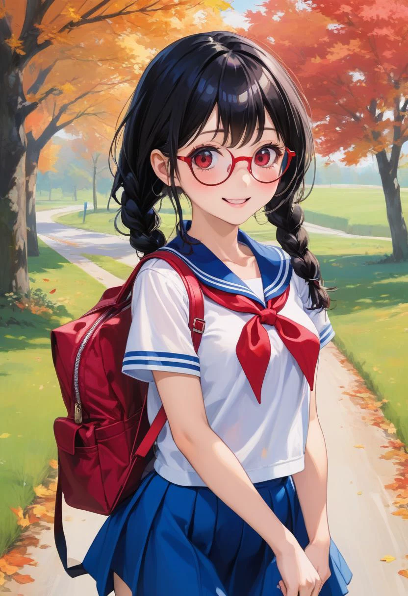 1girl, (white sailor-fuku, short sleeve, deep blue collar, deep blue skirt, red neckerchief,have 1 school bag:1.5) BREAK (cute,sweet,smile,red glasses,big eyes, open mouth,black hair:1.4) straight hear, long hair, twin braids, short tall BREAK (early evening,walk on country road,autumn leaves, cowboy shot:1.5) (dynamic pose,dynamic angle:1.4) BREAK japanese, japanese idol, black eyes (best quality, ultra high res, Realistic, RAW photo, real person, portrait photography, photorealistic, detailed skin, fair skin, beautiful detailed eyes) <lora:neg4all_bdsqlsz_xl_V7:0.8>