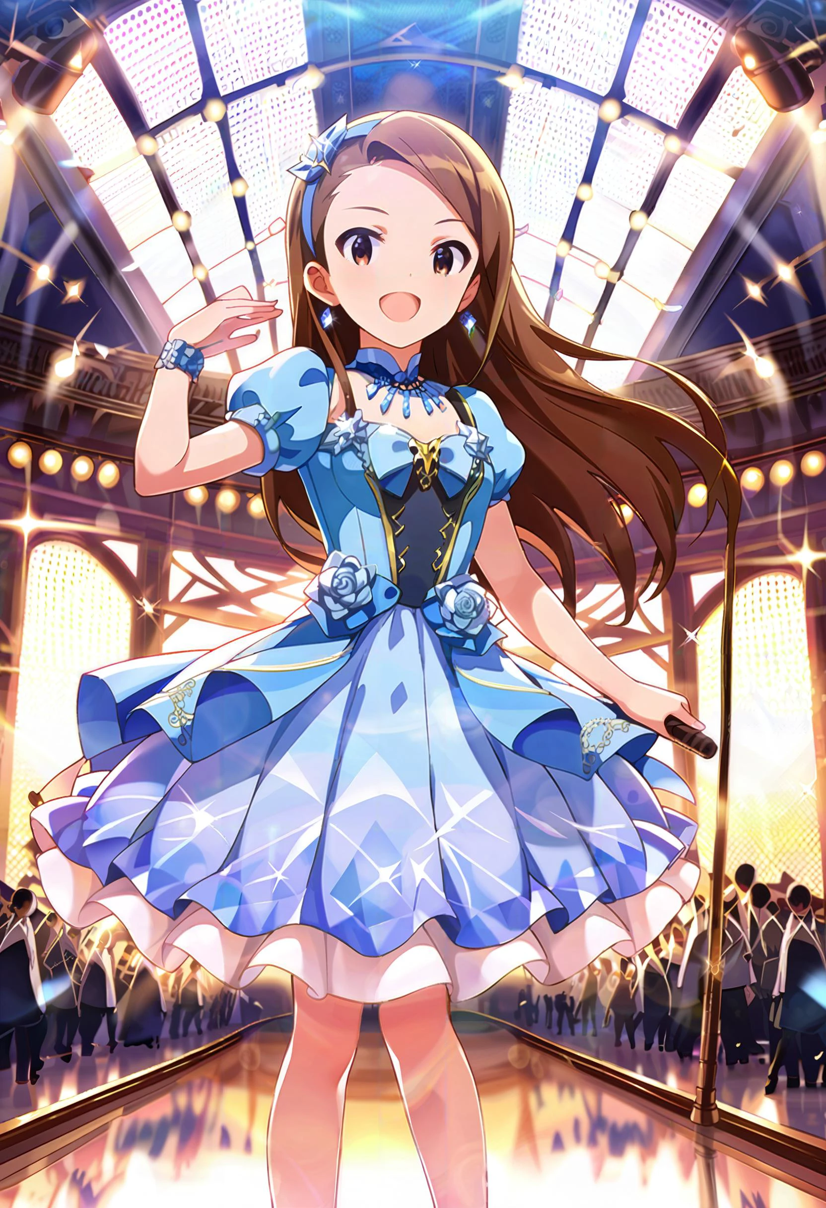 score_9, score_8_up, score_7_up, source_anime,masterpiece, best quality, high_resolution,8k,Perfect features, intricate details,Ray Tracing,
1girl,mnsior, petite, longhair, brown hair, forehead, brown eyes, hairband, small breasts,
littlemycinderella,singing,pose,
break
lights, colorful,light, lens flare, blurry, crystal, stage lights, speaker, railroad tracks, instrument, sparkle, light rays, stage,crowd,indoor,
rating:sensitive,on back,
masterpiece, best quality, very aesthetic, highly detailed,Perfect features,Ray Tracing,<lora:neg4all_bdsqlsz_xl_V7:1>, <lora:MinaseIori_pony_v1:0.8>, <lora:sdxl-little_my_cinderella-v1:0.5>