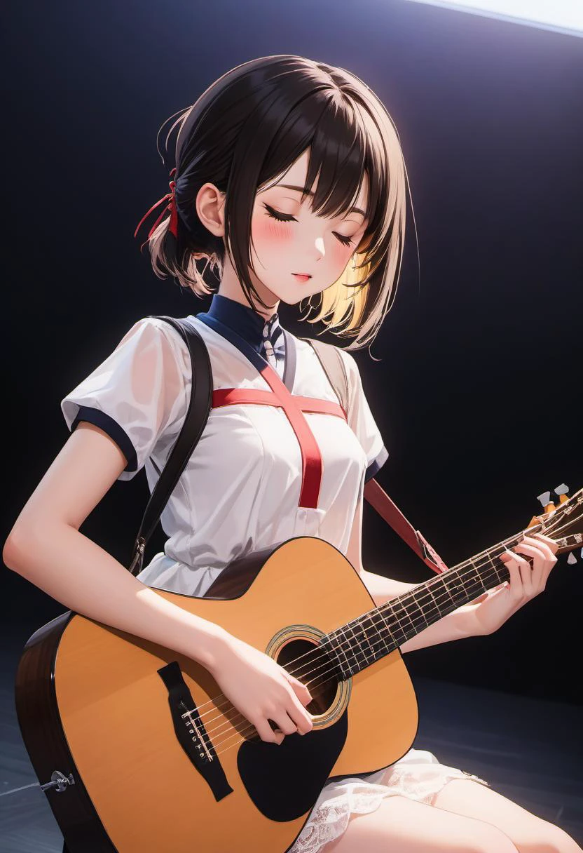 1girl (open mouth wide, close eyes:2) (play acoustic guiter, sit on stool chair, white short sleeve dress, side view, shoot from side, facial profile:1.5) BREAK (cute,sweet,bare face,black hair:1.4) long hair, straight hear, short tall (on stage, dark background, backlight, cross legs:1.5) BREAK japanese, japanese idol (best quality, ultra high res, Realistic, RAW photo, real person, portrait photography, photorealistic, detailed skin, fair skin) <lora:neg4all_bdsqlsz_xl_V7:0.8>