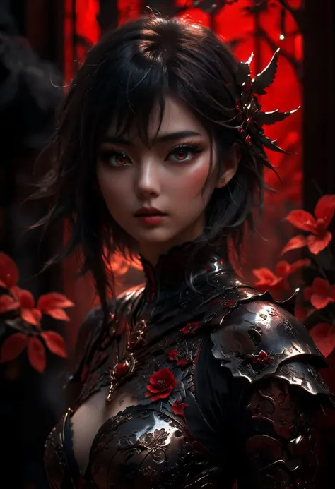 (ULIMATE Japanese style, INK WASH. Black and White), (japanese Writing in red), Heavy Armor,