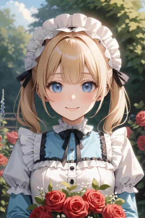 from front view, ****ung cute little sister,(low teens:1.3),(cute face,baby_face:1.1),cute body, medium breasts,blonde short twin tails hair,ice blue eyes, (tareme:1.4),(happy smile,;D:1.2),(roses gardenscape:1.3),both hands holding (dressed Bouquet), (beautiful decorated Bouquet red roses mixed few gypsophila),outdoor,(frilly_****ta dress:1.3),headdress,cowboy shot,snapshot,sfw, looking at viewer,
((masterpiece, best quality, ultra-detailed)), (ultra high res), (sharp focus), (insanely detailed), (perfect anatomy), (detailed face),<lora:neg4all_bdsqlsz_xl_V7:1><lora:neg4all_bdsqlsz_xl_V91:1>  <lora:more_details:0.3>