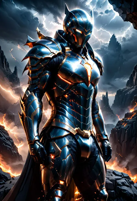 a high quality professional image of an armored vigilante ((perched)) atop a cliff, superhero, atmospheric perspective, detailed armor, intense expression, dynamic pose, (Masterpiece, absurdres ,beautiful, mystic background fantasy, extremely highly detailed, focused flash photo, amazing quality, best quality, hyper detailed, ultra detailed, HDR, UHD, perfect anatomy, depth of field, dramatic light, detailed atmosphere, volumetric light, high resolution, 8k, highly detailed, photorealistic, dramatic angle shot, high quality, exquisite details, delicate atmospheres, intricately details, highly detailed textures), (whole body, extremely detailed Face, extremely detailed Eyes, extremely detailed Outfit, extremely detailed body), (cinematic, tilt-shift effect, long exposure), chiaroscuro