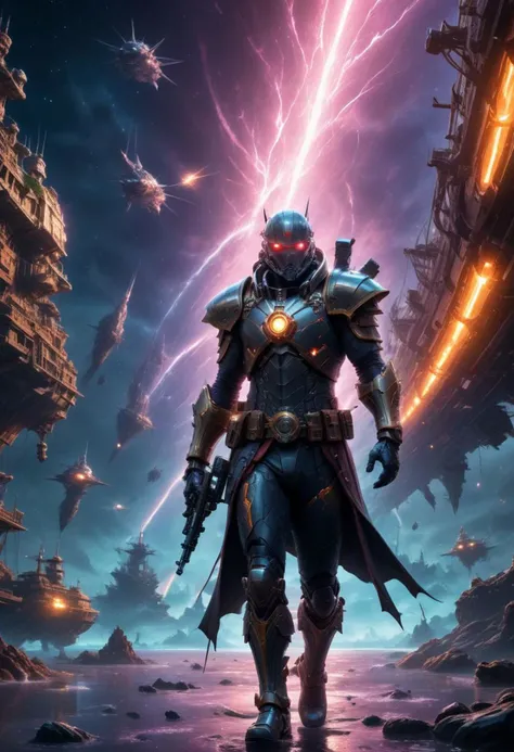 a cinematic image of a [space pirate captain] with a [submarine ship] floating in space, realistic, cinematic, detailed, space-themed, futuristic, sci-fi, galaxy background, pirate outfit, rugged spaceship design, dramatic lighting, captain's quarters, space exploration, galaxy explorer, dynamic composition, intense colors, high definition, large scale, laser cannons, glowing controls, alien technology, realistic textures, breathtaking scenery, 8k resolution, (Masterpiece)