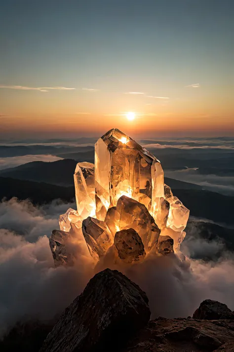 a large glowing transparent natural regular crystal, mystic fog inside, sunbeam,  sunset, lightnings, photorealistic, hd, 3D, dramatic lighting, RAW photo, high quality, film grain, Fujifilm XT3, low-key lighting Style <lora:add-detail-xl:5> > <lora:neg4all_bdsqlsz_xl_V7:1> <lora:Low-key lighting Style:0.8>